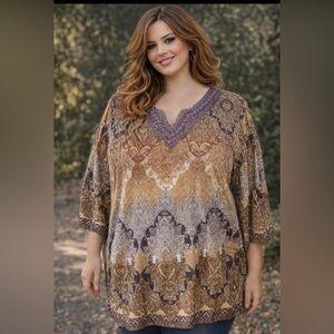 Catherines - crochet detailing- Brown and Tan,   pleated boho tunic  top -4X